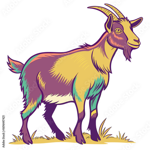 Colorful goat standing on grass