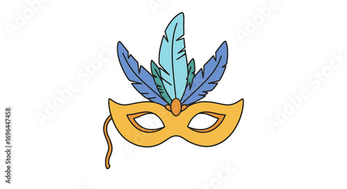 Gold venetian carnival mardi gras party mask with feathers celebration festive costume masquerade ball design on transparent background