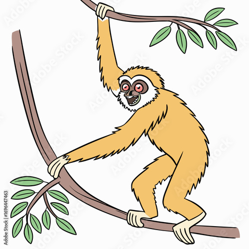 Cartoon gibbon monkey swinging on a tree branch
