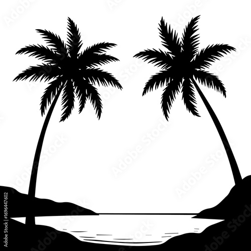 silhouette of a tropical island with palms, palm, tree, beach, tropical, vector, summer, island, silhouette, sea, illustration, sun, nature, landscape, coconut, travel, sunset, ocean, paradise, leaf, 