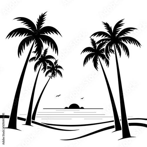 silhouette of a tropical island with palms, palm, tree, beach, tropical, vector, summer, island, silhouette, sea, illustration, sun, nature, landscape, coconut, travel, sunset, ocean, paradise, leaf, 