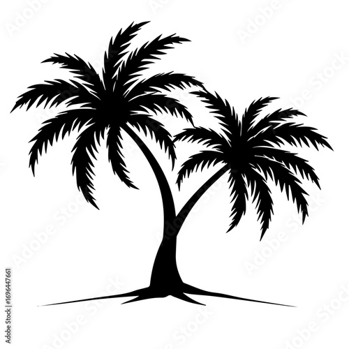 silhouette of a tropical island with palms, palm, tree, beach, tropical, vector, summer, island, silhouette, sea, illustration, sun, nature, landscape, coconut, travel, sunset, ocean, paradise, leaf, 