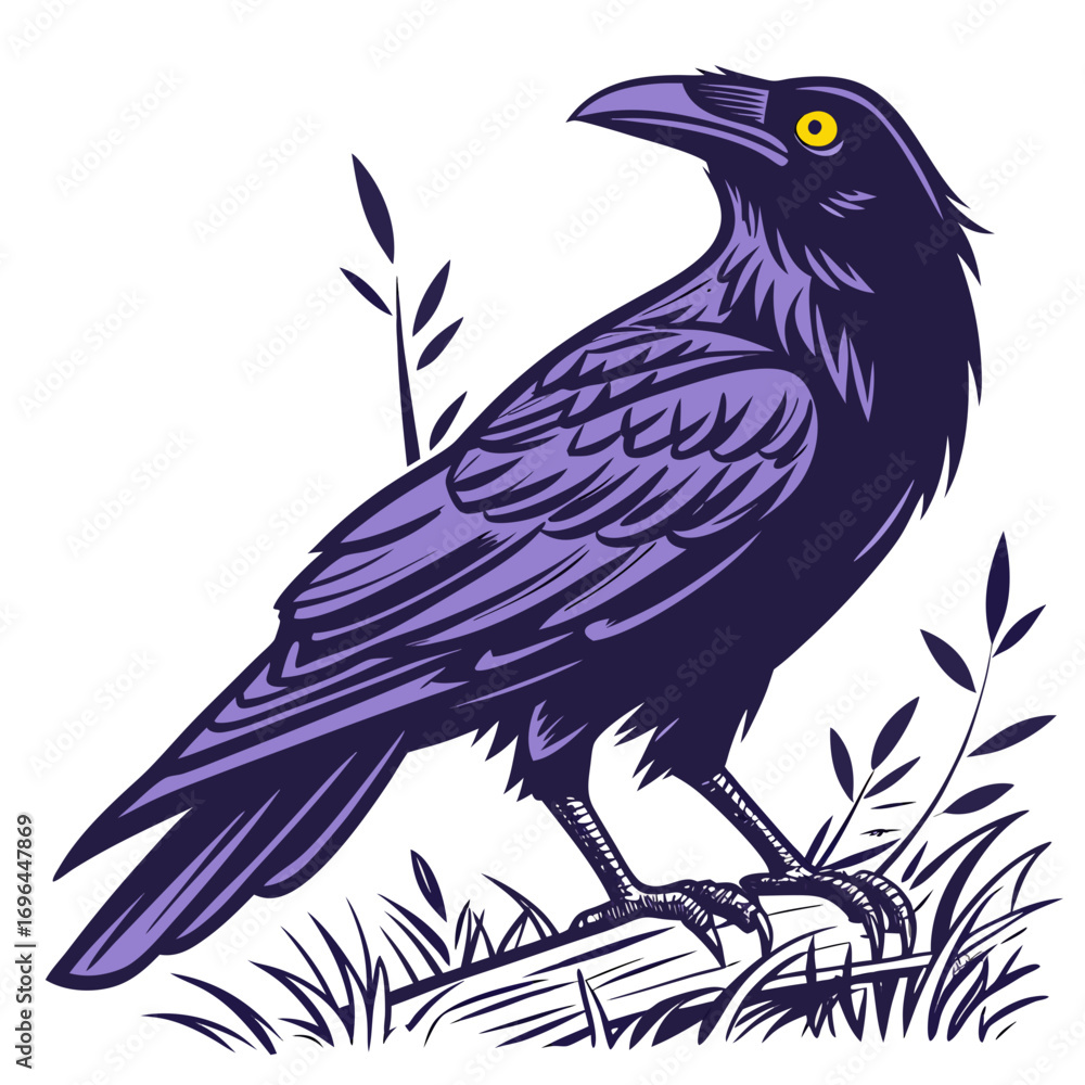 Obraz premium A stylized purple raven perched on a log with grass