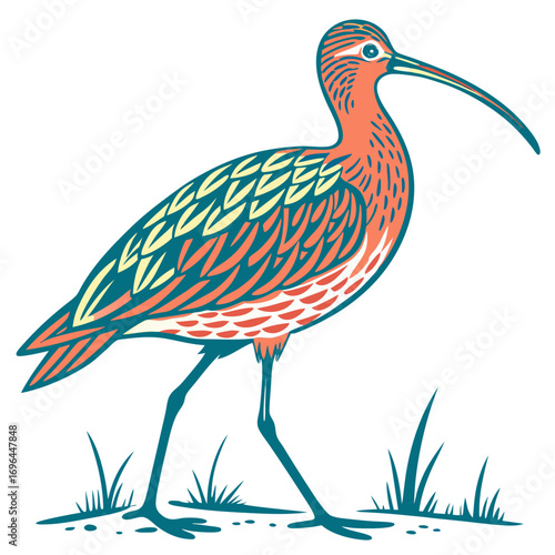 Illustration of a curlew bird with long beak and patterned feathers