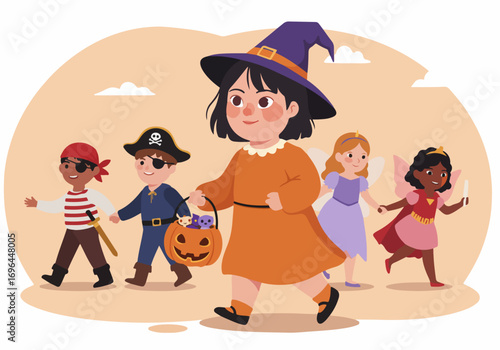 A diverse and inclusive group of children in costumes celebrating Halloween together, trick-or-treating with joy and friendship