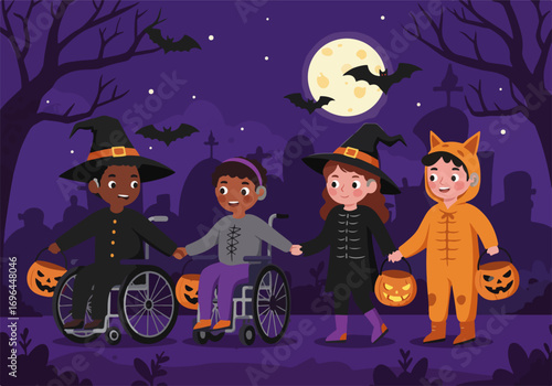 A joyful and inclusive Halloween celebration with diverse children in costumes, including wheelchair users, trick-or-treating together at night