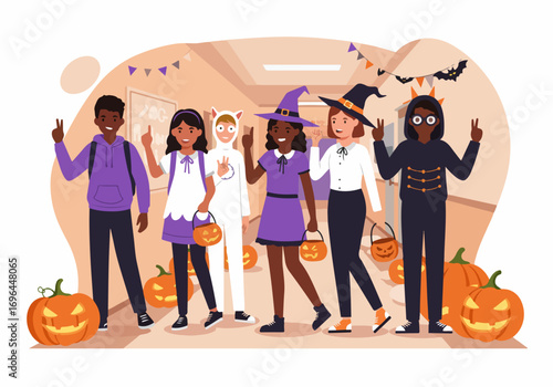 Inclusive Halloween Celebration Diverse Children in Costumes, Pumpkins, and Decorations, Embracing the Spooky Season with Joy and Friendship