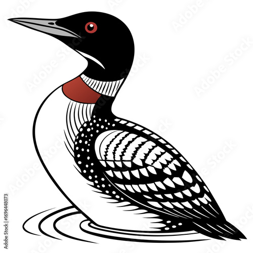 Illustration of a common loon bird with red eyes and red neck band