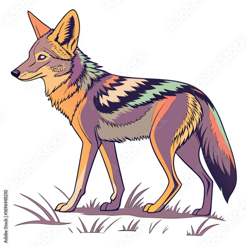 Stylized illustration of a coyote with colorful geometric patterns on its fur