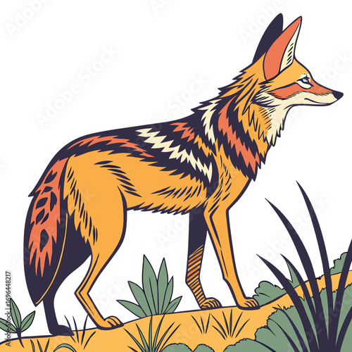 Illustration of a jackal standing on a grassy hill