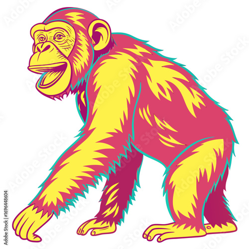 Stylized illustration of a chimpanzee with vibrant pink and yellow colors