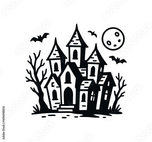 vector line illustration haunted house halloween isolated on white background