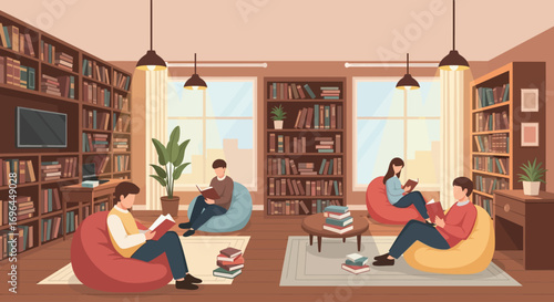 Students relax in a cozy library, engrossed in books within beanbag chairs, surrounded by towering bookshelves.