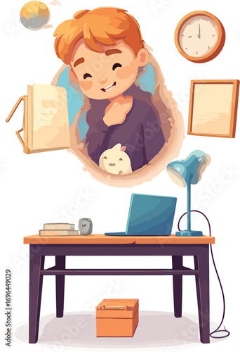 Young student learning happily at a desk with a laptop, lamp, books and a small plush toy, illustrating education and childhood joy