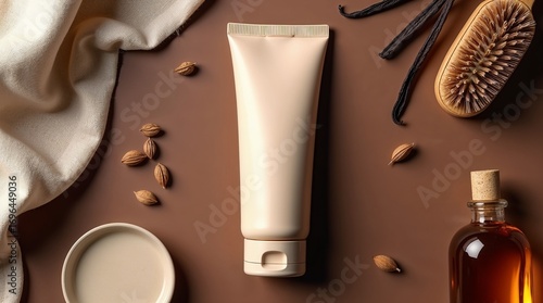 Skincare mockup with cream tube, essential oils, and natural ingredients on brown background. Skincare essentials include almond oil, vanilla pods, and wooden brush for beauty routines.