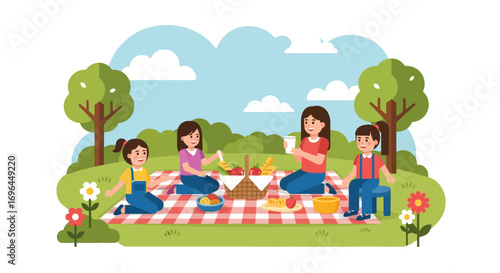 A family enjoys a picnic in a park, with fruits, vegetables, and a basket of food.