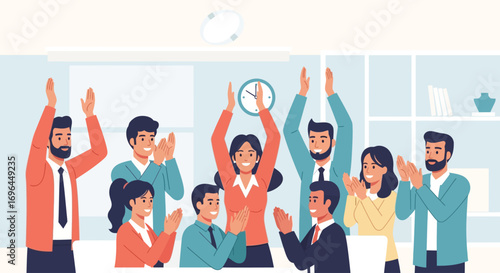 Group of diverse office workers celebrating a success with raised hands and applause.