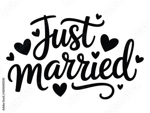 Elegant calligraphy just married text with heart accents for wedding celebrations