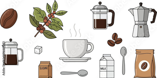 Collection of colorful coffee-related elements, including beans, a branch, and brewing accessories