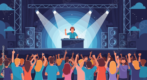 A DJ performing on stage at a concert, entertaining a large, excited crowd.
