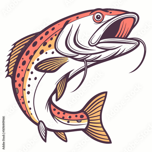 Leaping trout fish with open mouth and fishing hook