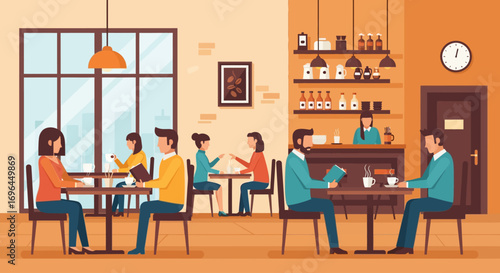 People sit at tables in a cafe, while a barista stands behind the counter.