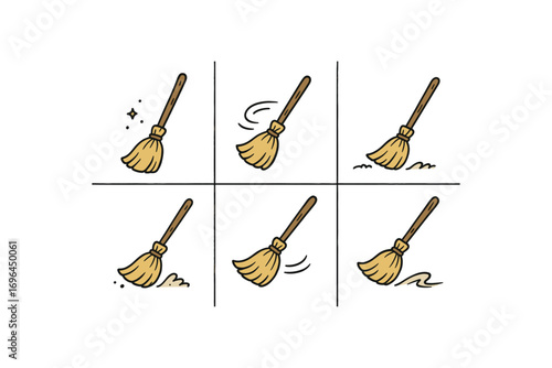 hand drawn cute doodle style line isolated on white background wooden broom straw bristle flying dust handle knot swift wind sweeping trail