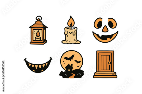 hand drawn cute doodle style line isolated on white background spooky lantern flicker candle carved nose eerie smile halloween night door step