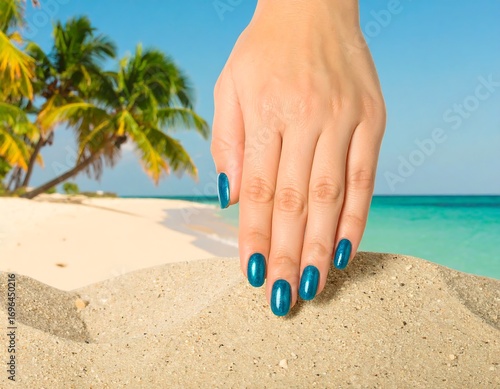 Hand with teal nails on beach sand