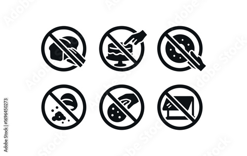 flat black solid icon 8 different items isolated on white background. no bread squeezing no cake poking no icing tasting no donut touching no crumb nibbling no cookie grabbing no tongs