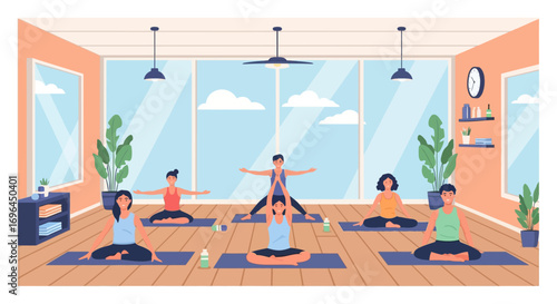 Group of people practicing yoga poses in a bright yoga studio.