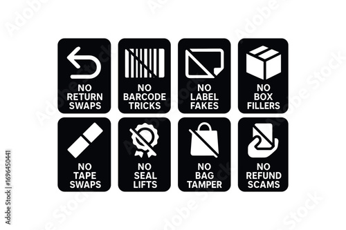 flat black solid icon 8 different items each item inside solid rounded rectangle safety placard no return swaps no barcode tricks no label fakes no box fillers no tape swaps no seal lifts