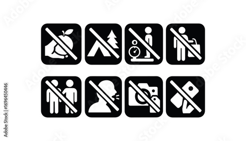 flat black solid icon 8 different items each item inside solid rounded rectangle safety placard no fruit squeezing no sample camping no scale riding no bag stuffing no line cutting no loud
