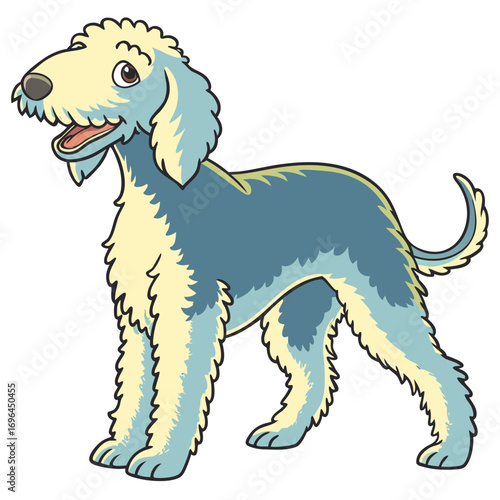Cartoon illustration of a fluffy blue and white dog standing