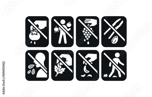 flat black solid icon 8 different items each item inside solid rounded rectangle safety placard no tomato squeezing no juggling no grape showers no nut cracking no seed chewing no herb
