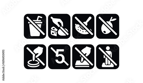flat black solid icon 8 different items each item inside solid rounded rectangle safety placard no sauce sipping no deli grazing no pickle spearing no olive stealing no lid drumming no