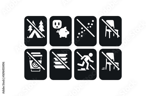 flat black solid icon 8 different items each item inside solid rounded rectangle safety placard no cafe camping no outlet hogs no crumb trails no saving no latte art orders no tray towers