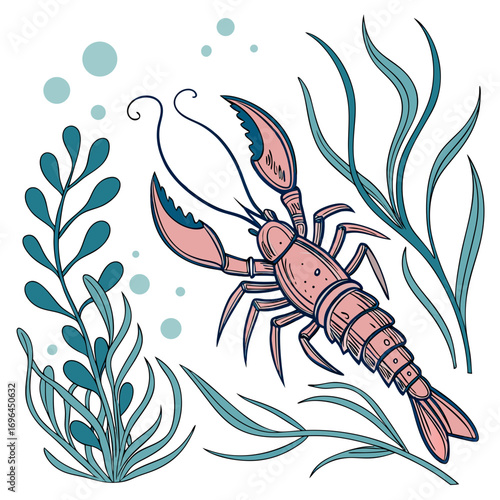 Illustration of a pink lobster swimming among seaweed and bubbles