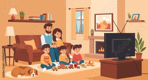 A family is gathered in a living room, watching television together, enjoying leisure time.