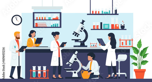Scientists in a lab conduct research, using microscopes and tablets, with test tubes and shelves in the background.