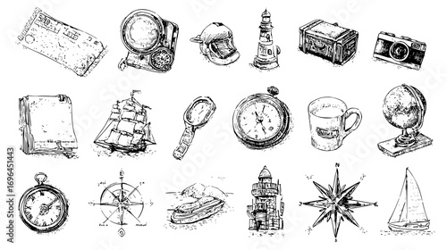 Vintage travel-themed illustrations including compass, camera, ships, and landmarks.