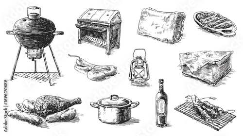 Vintage-style illustration of various barbecue and picnic items, including a grill, sausages, bread, wine bottle, cheese, and a milk can.