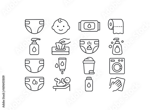 grid 4x4 vector icon line diapering and hygiene 16 items isolated on white background