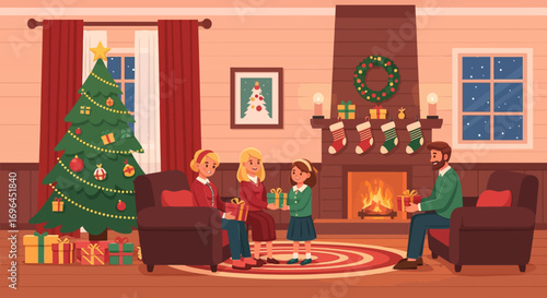 Family exchanging gifts in a cozy living room with a Christmas tree and fireplace.