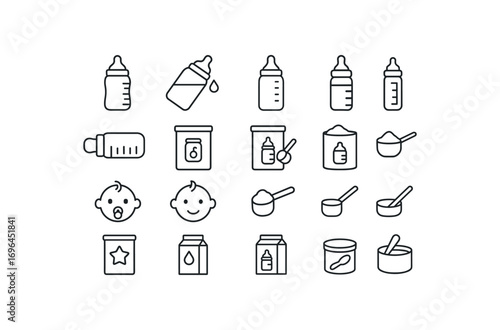 grid 4x4 vector icon line bottle feeding and formula 16 items isolated on white background