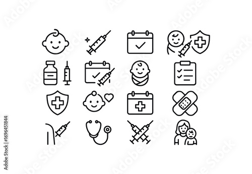 grid 4x4 vector icon line vaccination schedule for kids 16 items isolated on white background