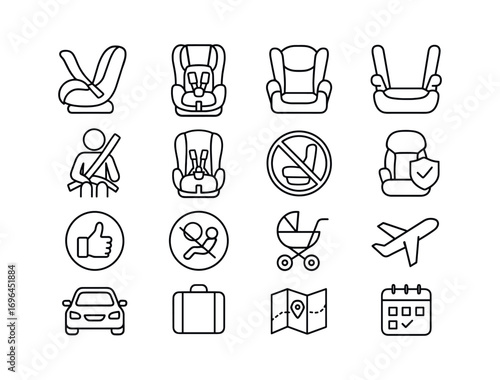 grid 4x4 vector icon line safety and travel 16 items isolated on white background. grid 4x4 vector icon line feeding toddlers and nutrition 16 items isolated on white background