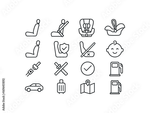 grid 4x4 vector icon line safety and travel 16 items isolated on white background