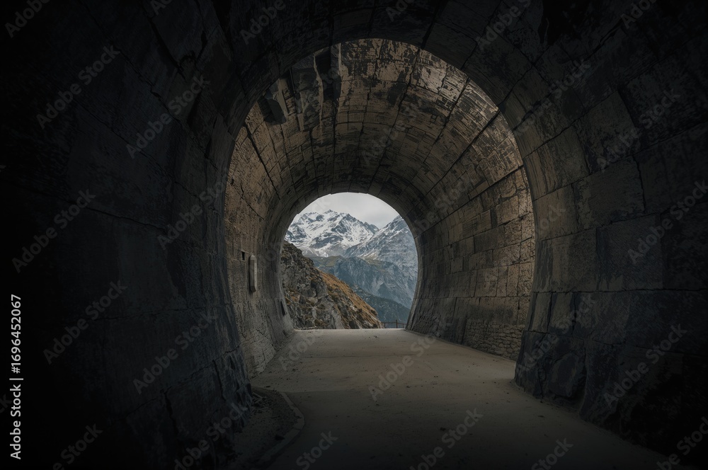 Fototapeta premium Dark passageway inside alpine mountain range