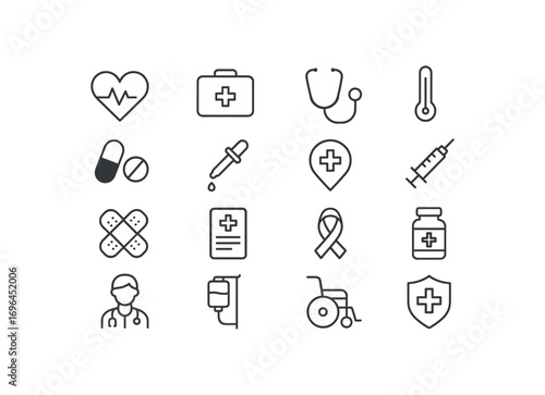 grid 4x4 vector icon line medical and healthcare 16 items isolated on white background